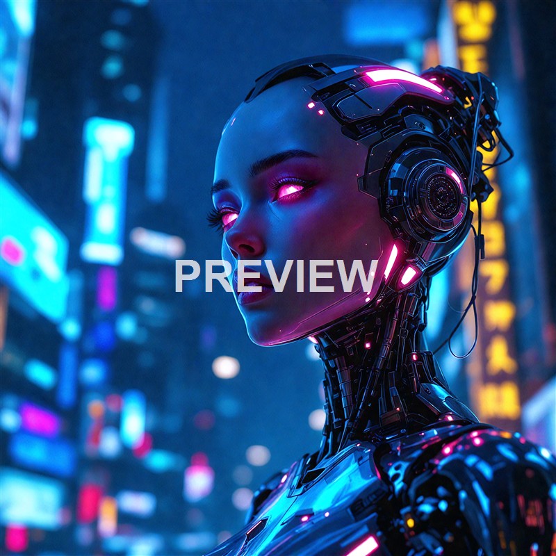 A futuristic, humanoid robot with glowing pink eyes and a sleek, black, high-tech exterior stands in a neon-lit cityscape at night, with bright, colorful billboards in the background.